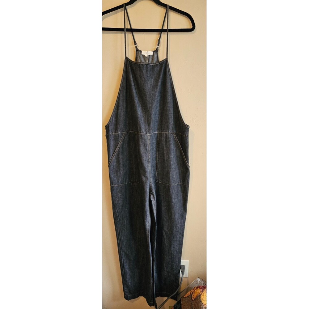 Entro Women’s chambray drk Jumpsuit Overalls Large Blue, pockets sz L